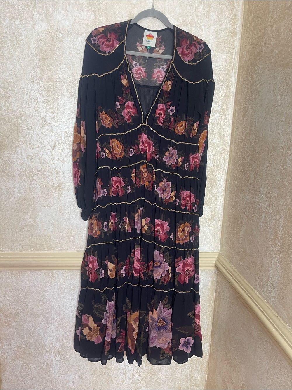 Farm Rio Black Chenille Flowers Long Sleeve Maxi Dress S Cottagecore Whimsigoth - Picture 3 of 13